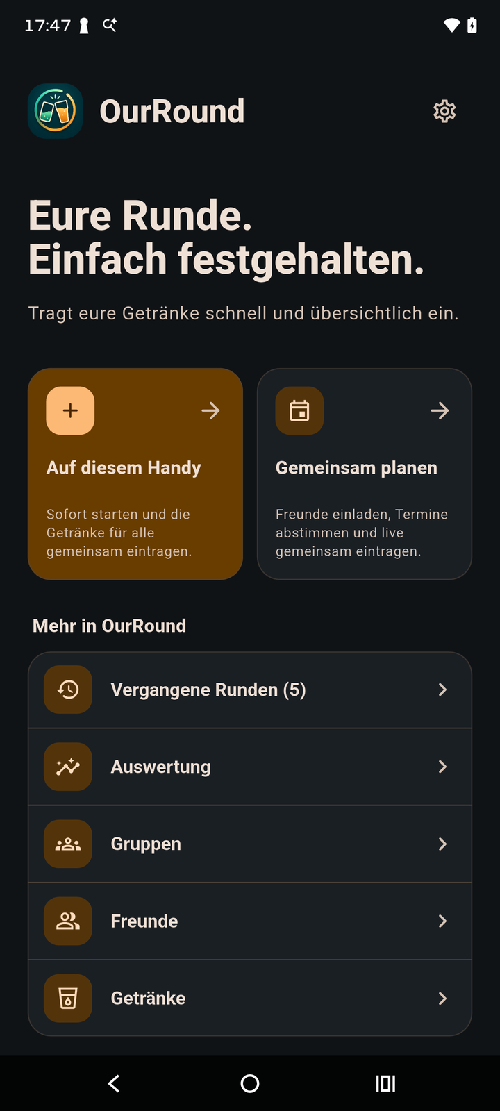 Startansicht der OurRound App